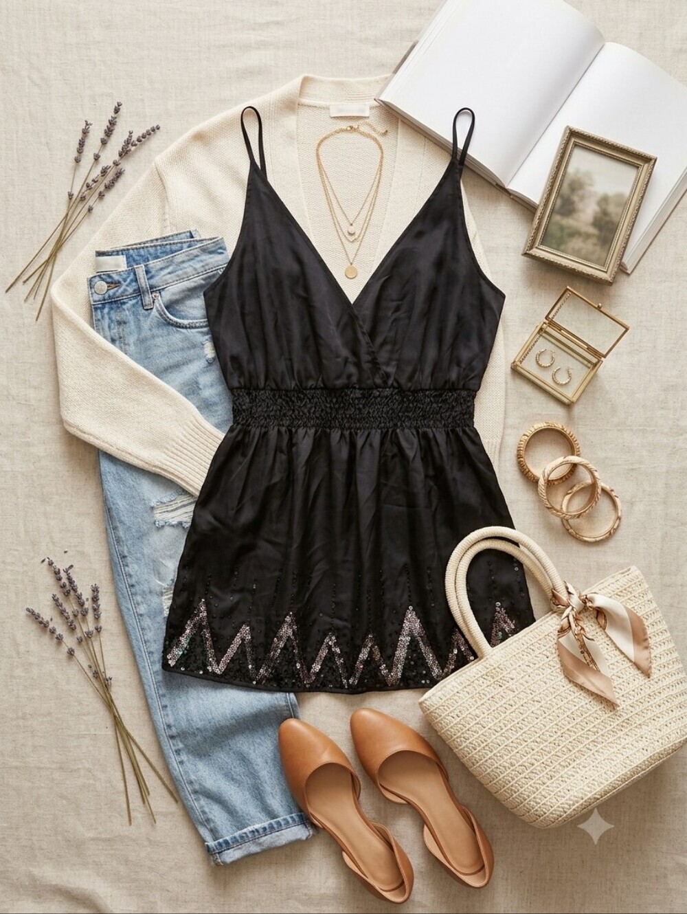 Y2K Old Navy Silk Black Beaded Sequin Babydoll Tank Top